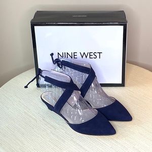 Nine West navy suede ankle wrap wedges with ties